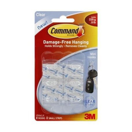 Mini ganchos de plástico 3M Command™ para pared color transparente, 6 piezas